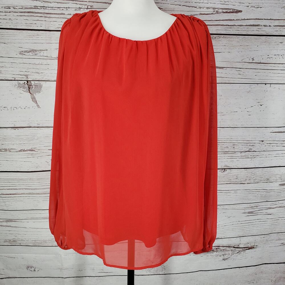 Andree by Unit Red Chiffon Sheer Sleeve Keyhole Back Top Blouse Size Medium